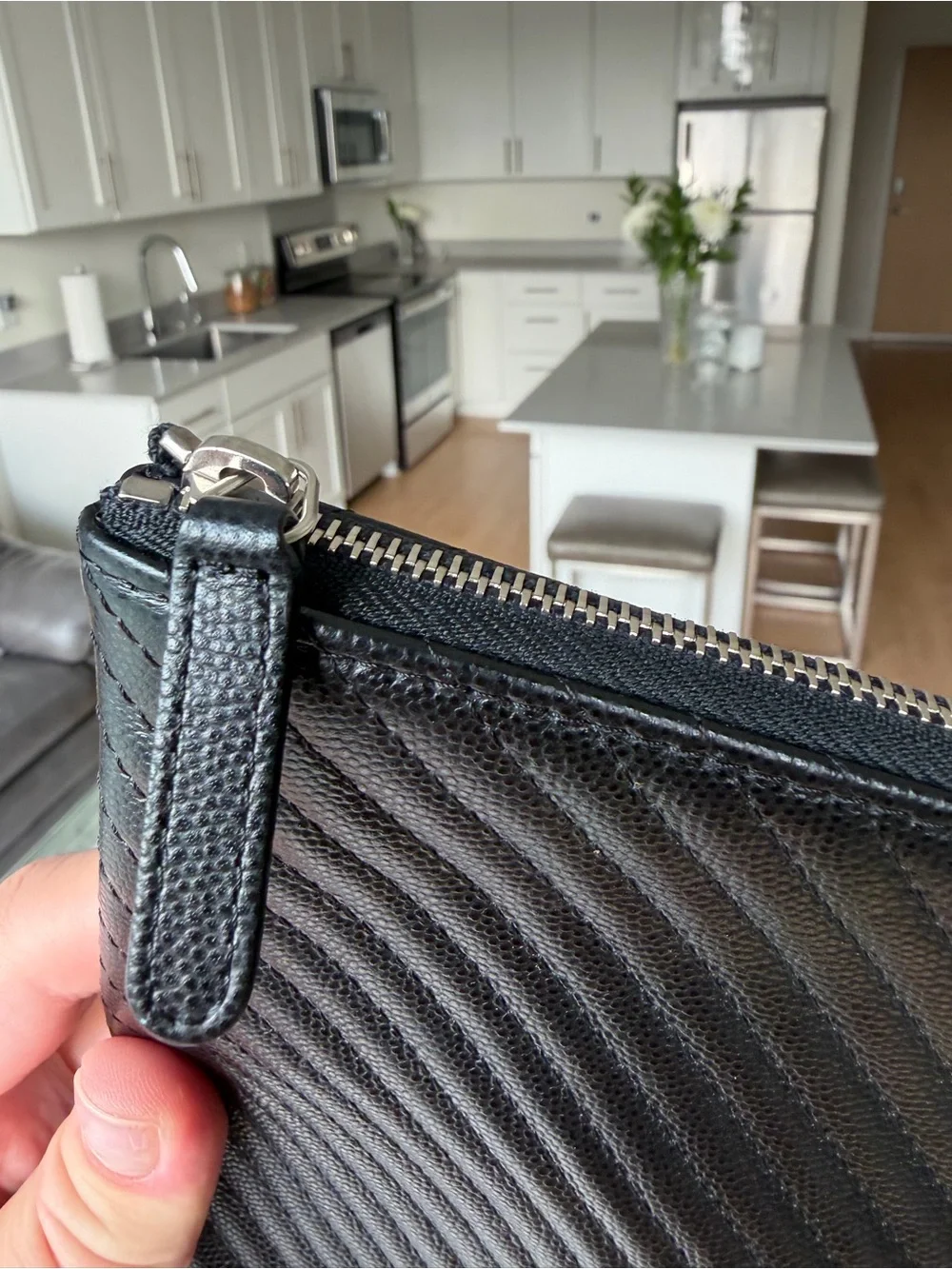 CHANEL Black Chevron Quilted Leather O Case Large with Silver CC